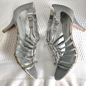 Bandolino Women's Silver Metallic Peep Toe Embellished Strappy Heels Sz 9M
